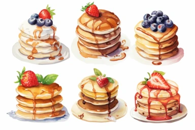 6 strawberry pancakes clipart watercolor, hd, on crisp white background, spaced out