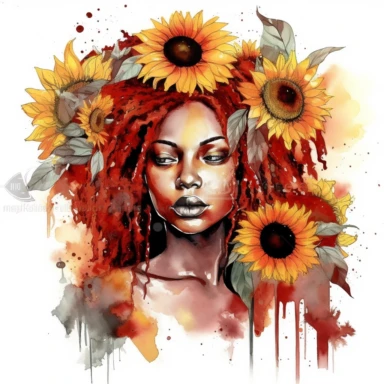 clipart of beautiful watercolor sunflowers surrounding nubian queen with red locs, details, white background