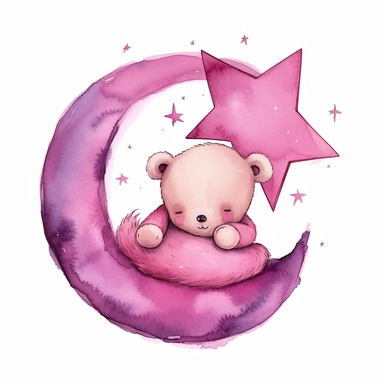 childrens illustration of Sleeping baby teddy bear resting on curve of crescent moon. White background. Surrounded by 5 stars. Minimal. Fuchsia colours. Nursey. Soft Watercolour Style. Clipart