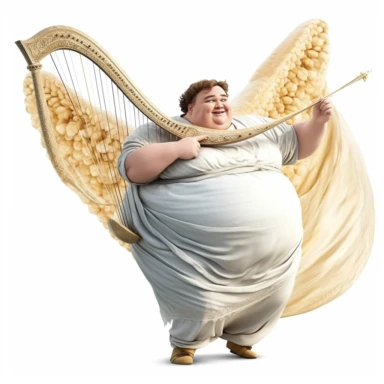 clipart, hyper realistic, obese Angel flying with harp