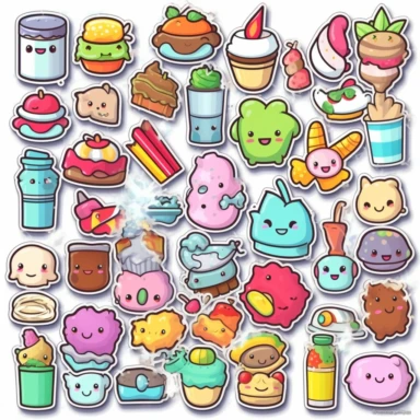 clipart elements, series of stickers, super cute sweets , kawaii style, each sticker with a white outline, light grey background