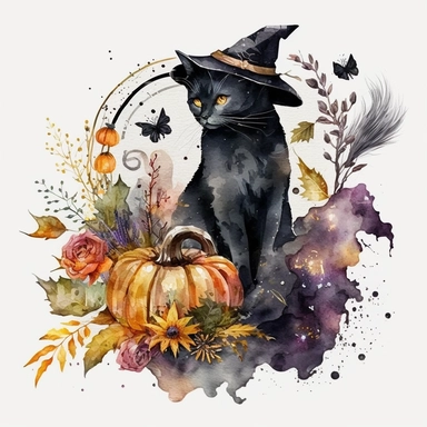 Watercolor black witch cat Halloween clipart, pumpkin, autumn season, Watercolor Sublimation design, white background