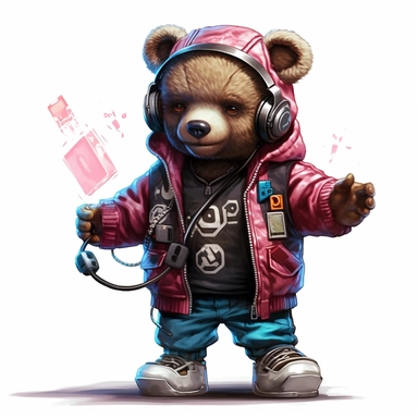 clipart of a Teddy bear wearing a tracksuit, with a dollar sign necklace and a boombox on its shoulder, white background, in the style of cyberpunk realism, street style, ultra hd, Leica m6