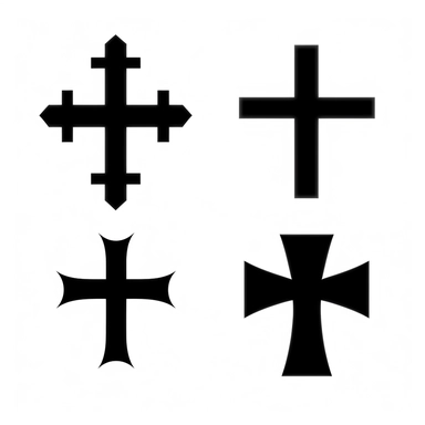 sheet of 4 black vector icons of different designs christian crosses, on a white background, hd vector, clipart, cartoon style, minimalistic simple , 4k