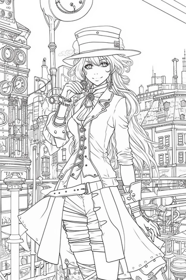 laughing steampunk manga girl in hat, large manga eyes, style of sailor moon, smiling, flirtateous look at the camera, full body view, proportional hands, five fingers, white hair, beautiful hands, japanese anime style, steampunk city skyline in the background, league of legend style , black and white, line art, coloring page, printable, thin lines, no details, no shadow, crisp lines, illustration, vector, clipart