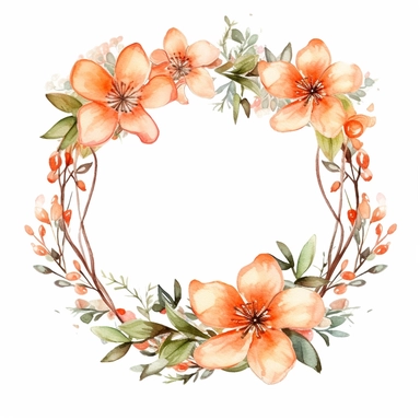 watercolor clipart of a empty suttle dainty floral oval frame surrounded by peach color flowers. Capture the essence of blooming beauty and intricate details in your artwork, white background
