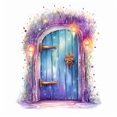 cartoon fairy door, glowing lights and sparkles, colors of green purple gold and blue, glamorous realistic and detailed, watercolor, white background with margins, clipart style