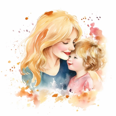 Blond mother's day watercolor illustration, with her daughter, cute happy family, watercolor clipart, watercolor splashes, cartoon style, white background