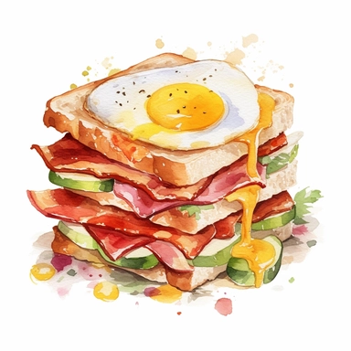 watercolour, clipart, white background, breakfast sandwich with layers of bread, eggs, bacon or sausage, cheese, and vegetables