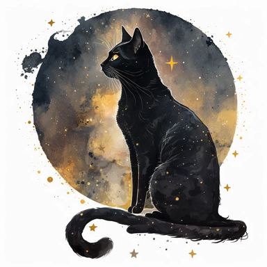 a sitting skinny pagan black cat in front of big starry sky portret, clipart, moon, watercolors, white background, stars, planets, galaxy, magical, ornaments, little golden stars, full body, pictorial space, sparky, golden glitter, oraneg eyes, use Cool Color Palette