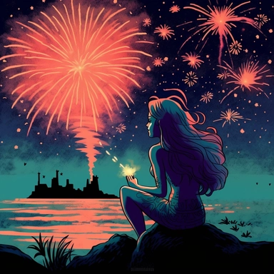 usa mermaid watching fireworks, clip art style