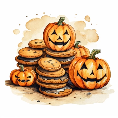 Ella bailey watercolour illustration with black gel pen outline style Halloween cookies, high definition, 8k, insanely detailed, fine detail, sharp focus, illustration, white background, isolated clipart vector