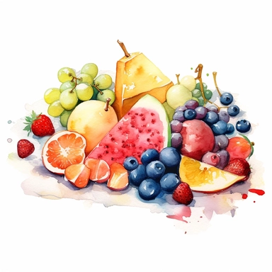 watercolor fresh fruit , cheese, summery charcuterie board, clip art , hd, white background, spaced out, details--ar 3:2