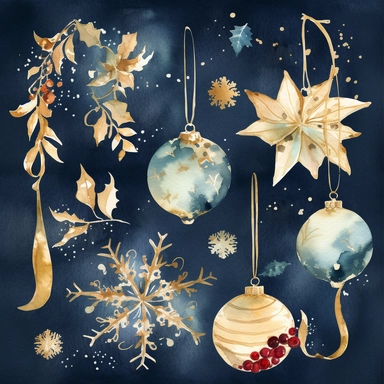 Design a collection of watercolor clipart images featuring elegant Christmas motifs such as snowflakes, stars, and ornaments. The images should have a sophisticated, upscale feel with clear lines and rich, luxurious hues. The clipart should be suitable for use in upscale holiday party invitations and other similar projects