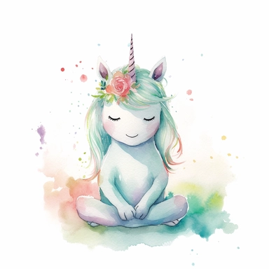 watercolor clipart image with a white background, featuring a cute cartoon unicorn peacefully meditating