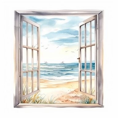 Ella bailey watercolour illustration style window frame with beach view, high definition, 8k, insanely detailed, fine detail, sharp focus, illustration, white background, isolated clipart vector