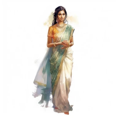 watercolor style, full body view, beautiful woman from India wearing traditional clothes, very detailed, realistic, clipart, isolated on white background, 4K