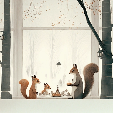 in the style of Ryo Takemasa, xuan loc xuan, Lisa Audit, Anastasia Suvorova, Jon Klassen, greg tocchini, a hearty breakfast in a winter morning of squirrel family, cozy home, fantastic realism, tranquil and serene, anemoia, white background, vector, clipart, elaborate, ultra-detailed, best quality illustration, well composed, vibrant colors, high definition, UHD