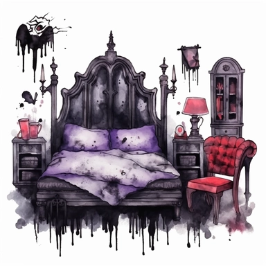 Gothic style bedroom furniture with watercolor effect, suitable for digital clipart, white background, gothic scene, gothic colors, gothic tools, gothic roses, skull, dark scene