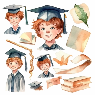 watercolor graduation ceremony related scenes, illustrations clipart set, simple, , cartoon elements ,different variants , separate elements with a margin, ,4k, high resolution