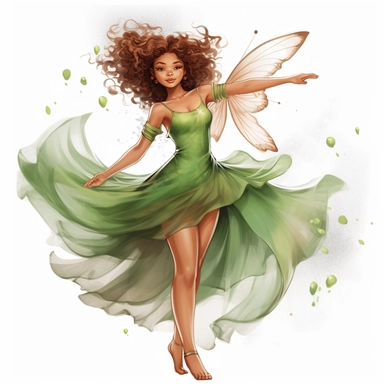 cute brown skin fairy girl clipart watercolor green dress [turnabout] front view, looking at camera cw, 8k, hd v5 line drawing midair
