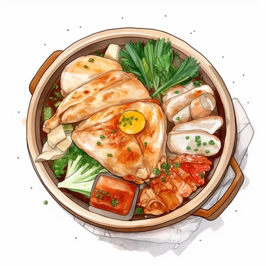 foods such as Samgyetang, ,Gorgeous Samgyetang, watercolor clipart on a white background ,good looking food, delicious, yummy, foodie, healthy,