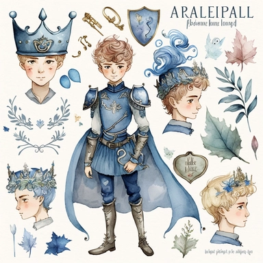 A watercolor collection by Amelia Fairytale, presenting a lively and charming clipart set of blue fairy tale prince characters in 5 different hair and skin colors, accompanied by whimsical elements such as a shield, horse, dragon, prince crown, castle, knights, and armor, perfect for crafting invitations, planner stickers, party printables, and embroidery designs.