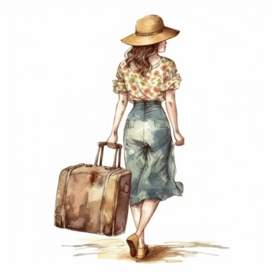 vintage back travel woman with hat holding luggage, whole body girl, Watercolor style, Clipart,on white background with margins