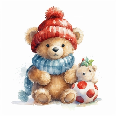 A cute Santa Teddy bear, full color, knitted painting texture, Perfect for nursery art and children's book illustration style, simple, cute, full color, clipart, watercolor illustration, single object, high definition 8k, white background for removing background