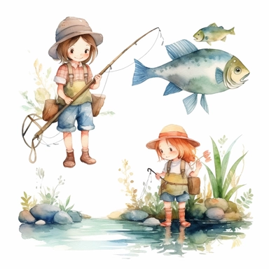 Watercolor boho fishing near a beautiful stream, illustrations clipart set, simple, soft colors, cartoon elements, different variants, cute little boy and girl fishing, separate elements with a margin