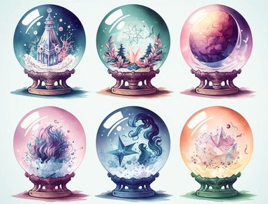 6 magical pastel crystal ball, clipart, pixel art style, deep colours, white background, watercolour illustration style, dreamy, clear border around, 8k, intricate detailed , 8k, png