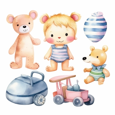 cute baby toys watercolor girl and boy clipart