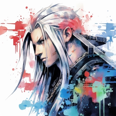 Final Fantasy VII Sephiroth with neck and face tattoos, close-up side profile, colorful graffiti background, clipart watercolor