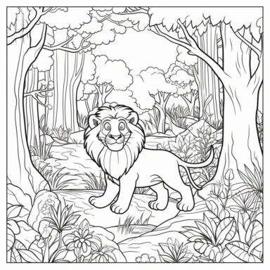 Immerse yourself in the enchanting world of the lion and the forest with this captivating coloring page! Designed for kids, this page depicts a friendly lion amidst a lush forest. The scene is portrayed in a delightful cartoon style with minimum details, featuring bold outlines and counterline clipart. The black and white lines bring the forest and the lion to life, waiting to be filled with vibrant colors. Let your imagination roam as you add your personal touch to this wonderful scene. Get rea