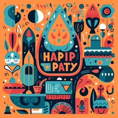 pictures happy birthday happy birthday word free clipart, in the style of mid-century illustration, cheerful colors, ornamental details and embellishments, graphic illustration, energetic mark making, bright palette, storybook illustration