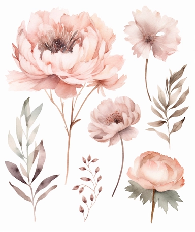 dreamy bohemian watercolor peony flowers clipart, dusty PINK WILDFLOWERS, VINTAGE VICTORIAN STYLE, fairy style, muted color, accent gold color, watercolor touch, A dusty pink floral card, with elements of green leaves, wildflowers, elegant, light, airy, fresh, classy, modern, minimalist design, no borders, the overall aesthetic exudes modern and fresh, no text or writing, includes blank space for text and writing, WHITE background, watercolor splashes, FOR CARD, hd, white background: