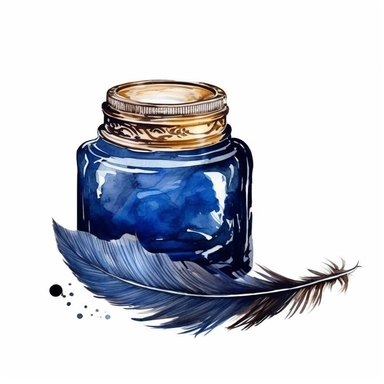 feather writing jewellery pen dark blue ink inside a container digital clipart on white background