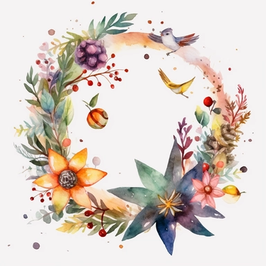 watercolor Christmas wreath decorated with stars flowers Realistic full-body cartoon png in 32K UHD. Cute. 15cm thick frame. No shadows on 8k background with realistic watercolor. And detailed illustrations PNG clipart transparent white background