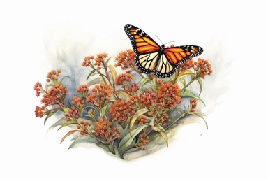 Watercolor, Create an image featuring a butterfly fluttering around a cluster of milkweed flowers, contributing to the survival of the monarch butterfly population, clipart, hd, on a white background, spaced out