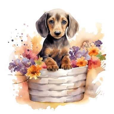 clipart watercolor, very cute Dachshund puppy, sitting in a basket with flowers, full body, childlike, free brushwork, white background, high solution