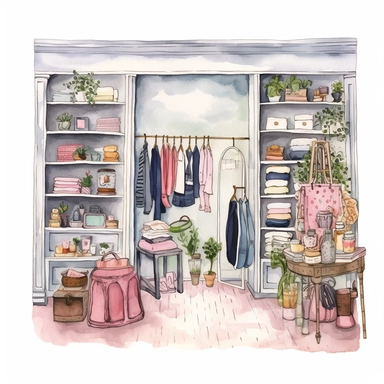 watercolor retro fashion boutique shop clipart, white background, spaced out, hd