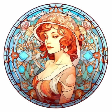 Vintage Cute Beautiful Round Stained Glass girl Sublimation Clipart, Cartoon, hyper realistic, intricate detail, illustration style, high solution, on the white background