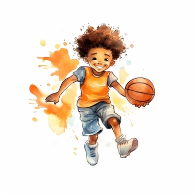 cute Watercolor cartoon basketball player, clipart, white background
