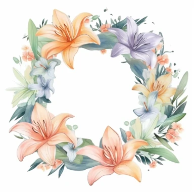 pastel colored lilies and other greenery in a beautiful wreath frame, Georgia O'Keeffe, watercolor, florist style, clipart, only white background, 2d, flat