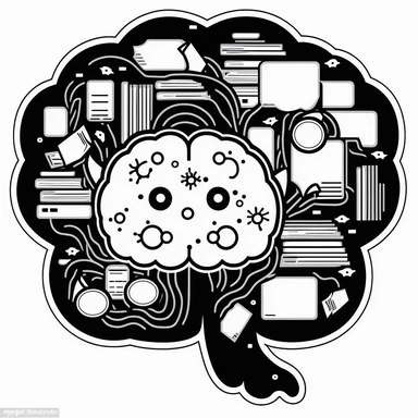 clipart of a brain full of files and folders. Beautiful, flat, cute manga style, black and white, round image borders