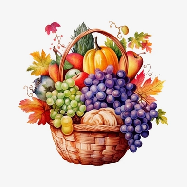 watercolor colorful clipart of a bountiful cornucopia, hd, on white background