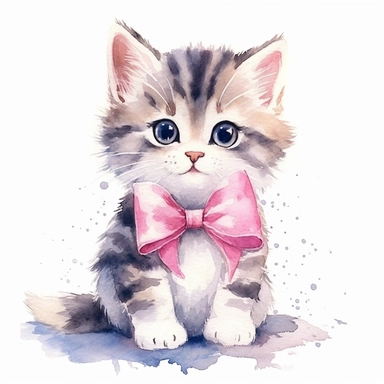 cute kitty cat, cat with pink bow, style watercolor, clipart, white background