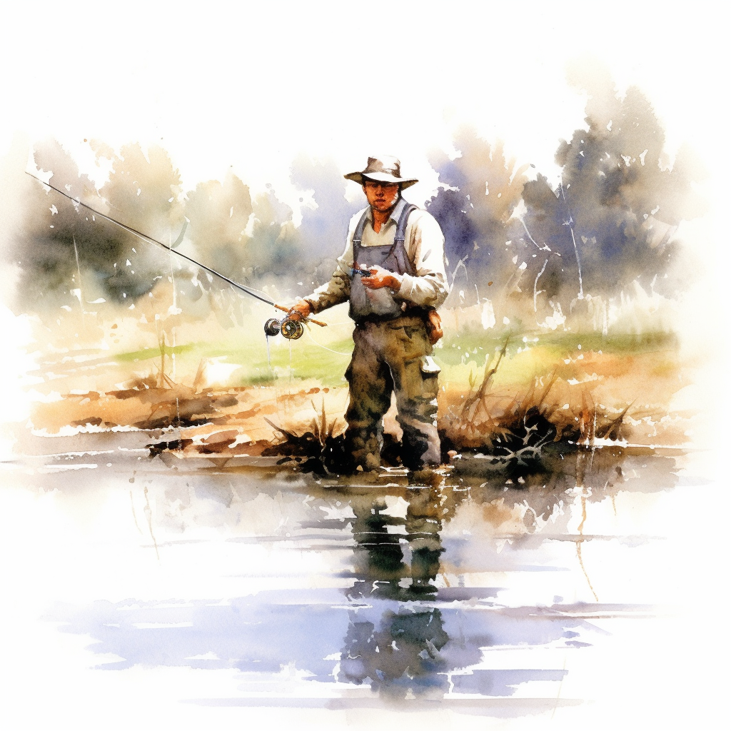 watercolour, man fly fishing in stream, detailed, clipart, white background  - Clip Art Library