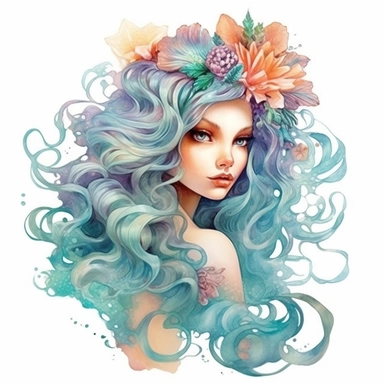 Watercolour animated fairytale whimsical beautiful mermaid pastel hair Disney inspired beautifully detailed perfect facial features PNG image,ultra highly detailed, 18k, sharp focus, bright photo with rich colours digitally enhanced, enhanced graphics, straight, sharp focus, bright lighting, intricate detailed png image ,high definition,300dpi,graphic clipart,computer graphics