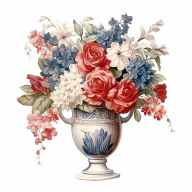 pastel red white blue color vintage wedding floral bouquet in a vase clipart